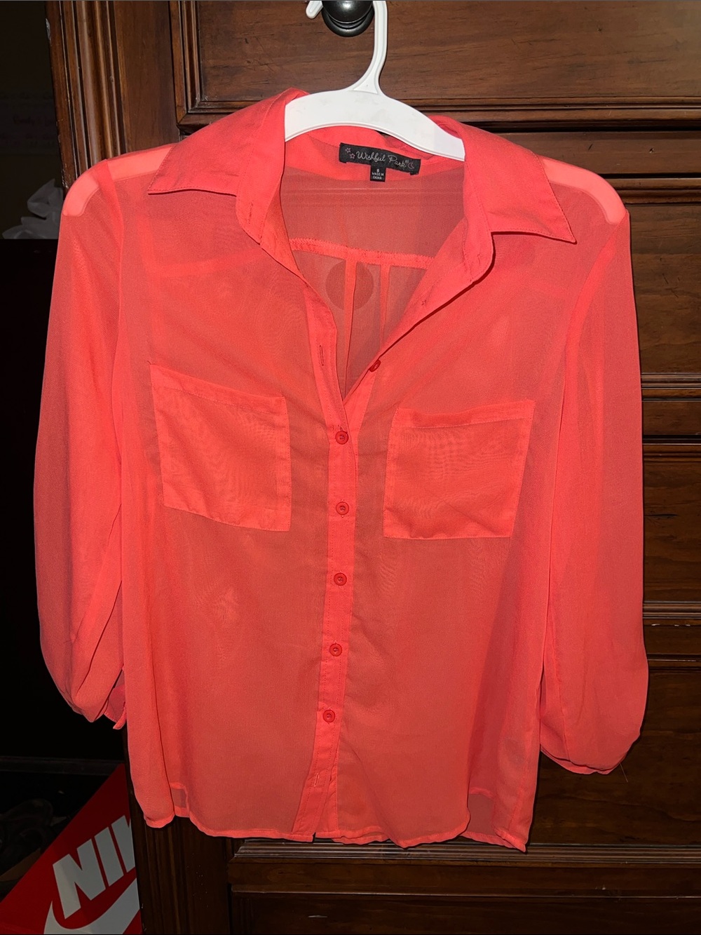 Wishful Park Coral Sheer Button-Down Blouse